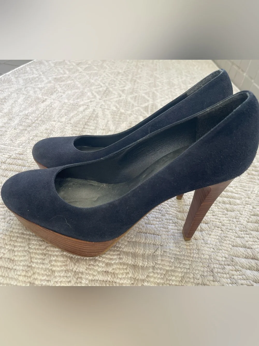 Stuart Weitzman Navy Blue Suede Platform Pumps with Wood-Effect Heel, 7.5
